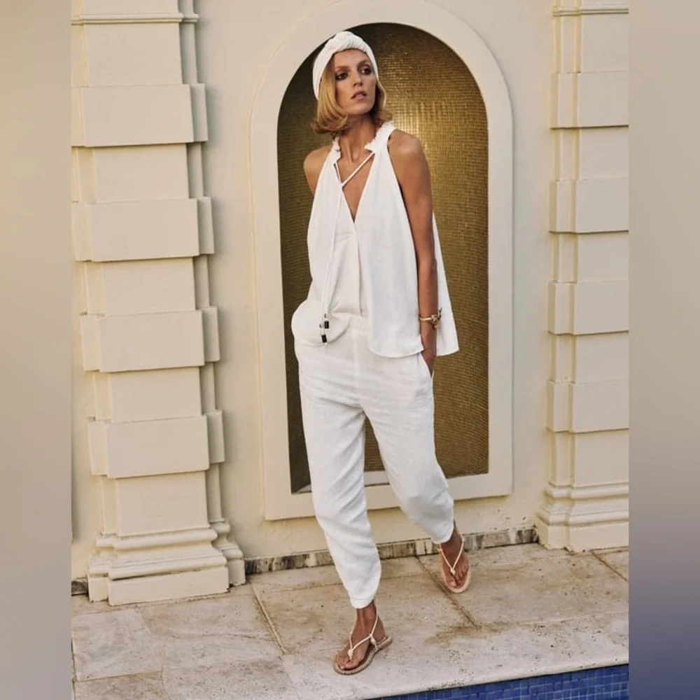 FRAYED LINEN TOP & LINEN PANTS SET - Picture 1 of 11